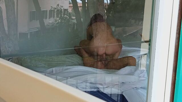 Voyeur caught neighbors fucking in front of open window, i love watching ass of that hot milf while she riding huge cock