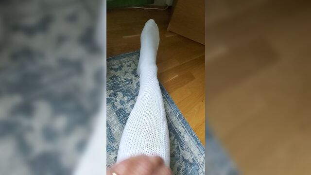 Trying on my new AA white thigh high socks! First time!