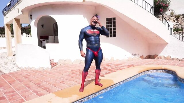 Superman gets his thonged spandex suit soaking wet