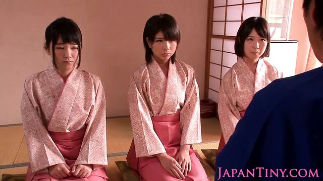 Petite femdom Japanese kimono babes jump on dude