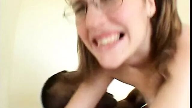 Brunette school girl gets black cum on glasses