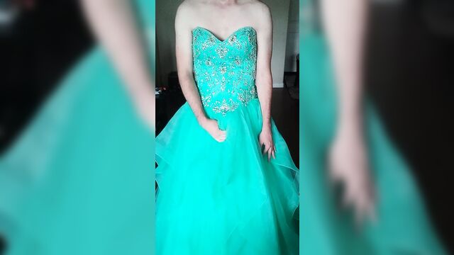 Cumming in a girl's teal blue corset back prom dress
