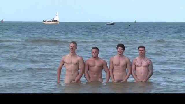 Straight guys play on the beach naked - b