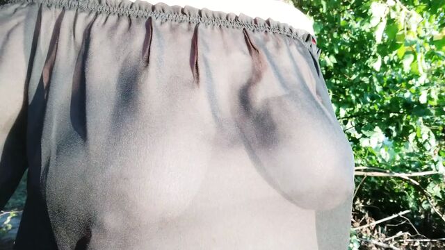 walk with see-through blouse without bra